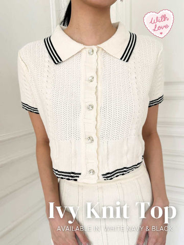 With Love The Brand | IVY KNIT TOP | Setelan Rajut Wanita | 2-Piece Outfit Elegan | Knit Top & Skirt | Korean Style Set | Knit Polo Top