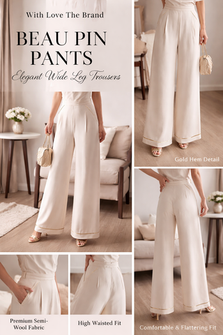 With Love The Brand | DIONNE PANTS | Semi Wool High Waist Wide Leg Pants with Gold Hem Detail | Elegant Women Trousers