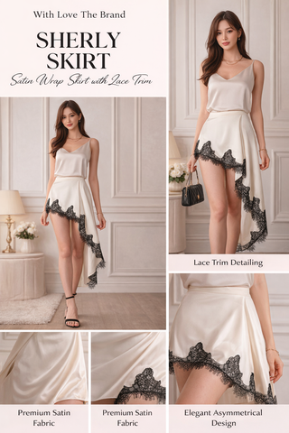 With Love The Brand | LANA SKIRT | Satin Wrap Skirt with Lace Trim | Elegant Asymmetrical Women Skirt